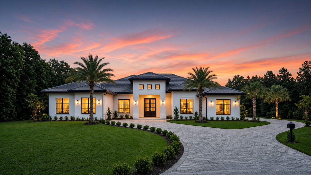 Custom-built home with a tiled roof, palm trees, and a circular driveway at sunset